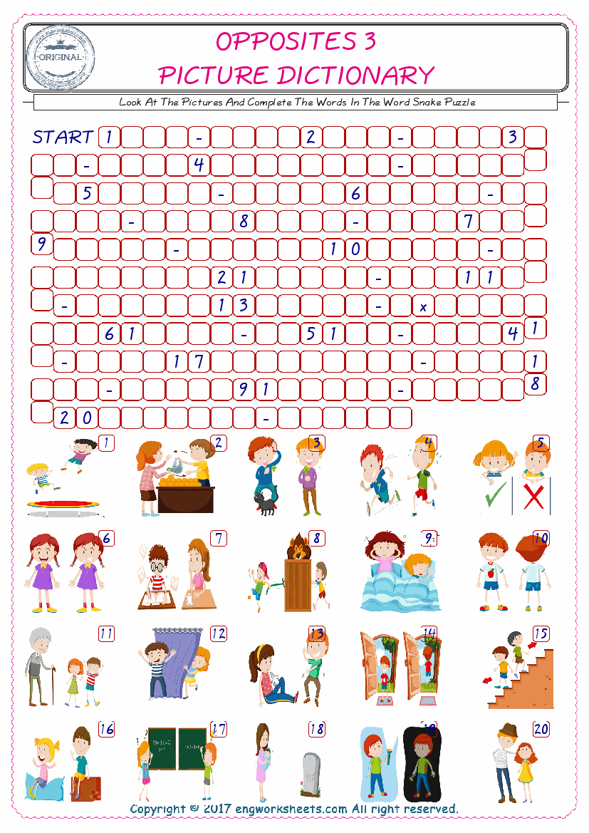  Check the Illustrations of Opposites english worksheets for kids, and Supply the Missing Words in the Word Snake Puzzle ESL play. 